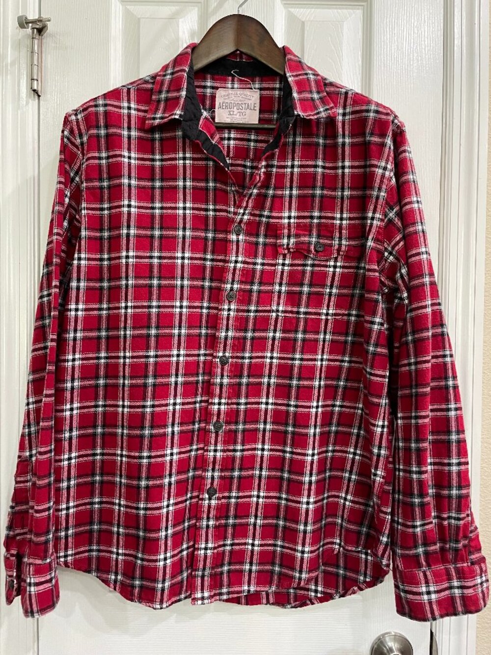 Red Plaid Flannel Shirt Womens XL Grunge Layering Fall Button Down